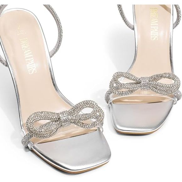 Women's Double Bowknots Silver Sandals Clear Slingback Heels Square Toe Shoes - Picture 6 of 6